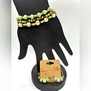 Green and Gold Beaded Bracelet and Earring Set